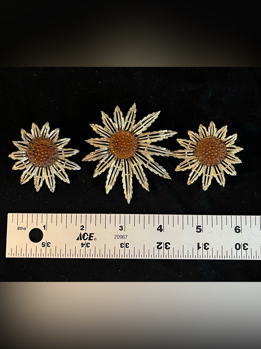 Vintage Sarah CoventryGold-tone Sunflower Brooch Set with Amber Centers